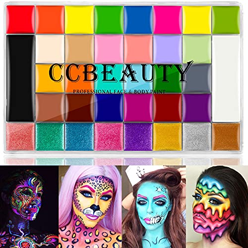 CCbeauty Face Body Paint Kit Professional 36 Colors Face Painting Kit Cosplay Makeup Palette Halloween Clown SFX Makeup Kit Neon Body Paint Arts Party Fancy Make Up with 10 Pink Face Paint Brushes