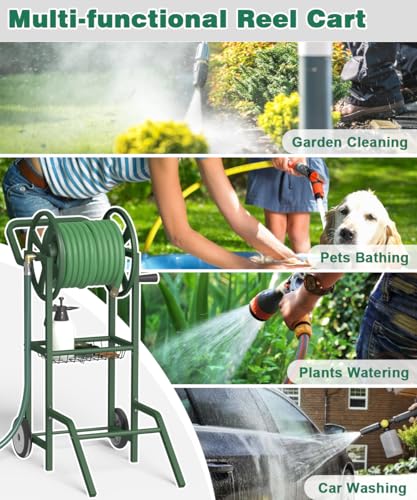 Hose Reel Cart with 2 Wheels, Garden Water Hose Holder Heavy Duty Powder Coated Steel Outdoor Winder Storage Holds 125 ft 5/8" Hoses with Basket and 3.9ft Leader Hose for Backyard, Green - color: Green