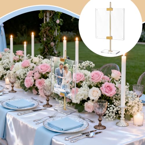 Acrylic Easel Display Stand Adjustable Metal Tabletop Easel Stand with Acrylic Floating Photo Frame 16.5" for Display Picture,Art,Poster,Table Easel for Wedding Home (Gold)
