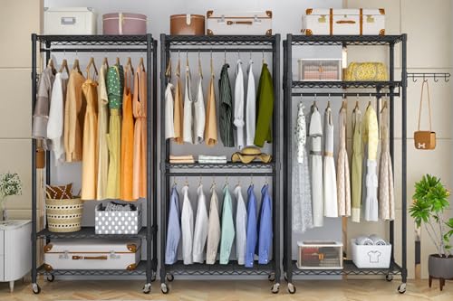 Heavy Duty Rolling Garment Rack, 3 Tiers Wire Shelves Adjustable Freestanding Portable Rolling Clothing Rack with Lockable Wheels, 35.4''L x 15.8''W x 78.8''H, Max Load 420LBS | Wire Adjustable Garment Rack for Hanging Clothes with 2 Hanger Rods, 35.4''L
