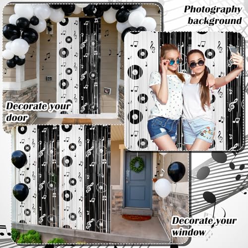 Gilprop 2 Pcs Music Birthday Party Decoration Backdrop Curtains Foil Fringe Musical Background Vinyl Record and Musical Note Curtain for Music Party Decorations, 3.28 x 6.56ft
