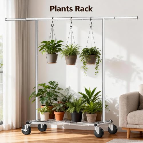 Heavy Duty Clothes Rack, Rolling Clothing Rack Load 420 LBS, Silver | Heavy Duty Clothing Rack for Hanging Clothes with Lockable Wheels & Shelves, Garment Rack for Bedroom Closet Laundry - color: Silver