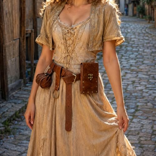 Renaissance Belt Pouch Set, Medieval Viking Pirate Leather Bag, Steampunk Waist Bag Skirt Hike Set, Halloween Cosplay Costume Accessories for Men Women (Brown) - color: Brown
