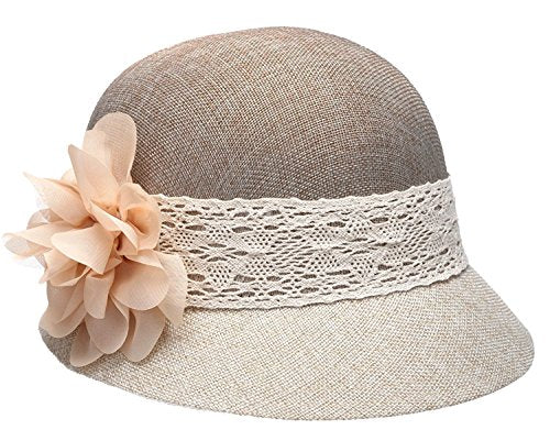 Women's Gatsby Linen Cloche Hat with Lace Band and Flower - color: Natural Two Tone