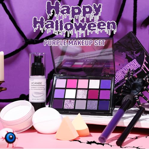 UCANBE Halloween Makeup Kit – 15-Color Purple Eyeshadow Palette, White Liquid Foundation, Purple Liquid Lipstick, Black Eyeliner, Setting Powder & Sponges Makeup Set for Cosplay Witch Devil Sorceress - color: Purple Makeup Kit