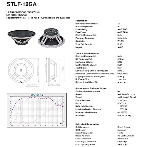Sound Town 12” 300W Cast Aluminum Frame Woofer w/ 3" Voice Coil, Replacement Woofer for PA/DJ Speaker, Bass Guitar Cabinets (STLF-12GA) - size: 12"