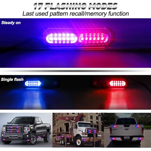 ASPL 8pcs Sync Feature Ultra Slim 12-LED Surface Mount Flashing Strobe Lights for Truck Car Vehicle LED Mini Grille Light Head Emergency Beacon Hazard Warning Lights (Red/Blue) - color: Red/Blue, size: 4.41L x 0.44W x 1.14H Inch