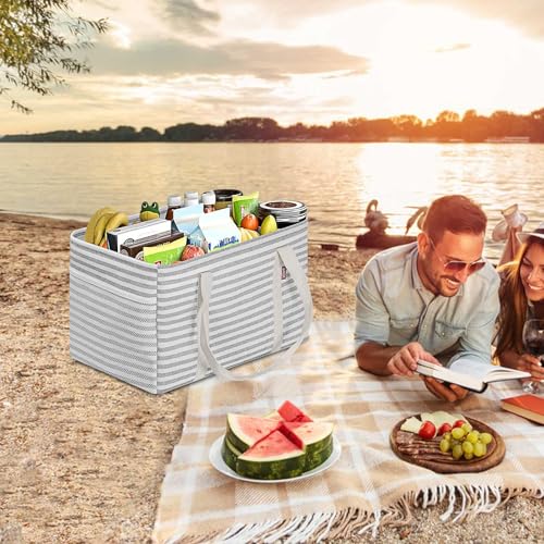 LHZK 2 Pack Utility Tote Bag with Metal Wire Frame and the Sides Rinforced, Large Tote Bag with Handle, Reusable Grocery Bags Foldable, Beach Bag, Car Tote (Gray, 18.5''x11.8''x11.5'') - color: Gray, size: 18.5''x11.8''x11.5''-2 Pack