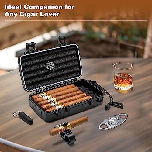 Flauno Travel Cigar Humidor Case - Portable Humidor Kit with Lighter (Without Gas), Cutter, Holder, Humidifier & Dropper, Waterproof, Crushproof, Airtight Seal (Holds up to 10 Cigars) - size: Holds up to 10 Cigars with Cigar Lighter