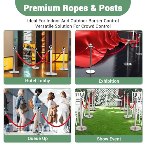 4PCS Stainless Steel Stanchion Post Queue, 5 ft Red Velvet Rope Red Carpet Ropes and Poles, Crowd Control Barriers with Sand Injection Hollow Base and Velvet Ropes Set for Party Supplies