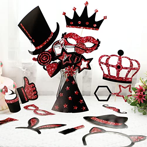 Zonon 24 Pcs Photo Booth Props Set Black Gold Birthday,Burgundy and Black | Props on Sticks for Wedding, Reunion, Prom, Includes Mustache, Hats, Glasses, Ties, Lips, Crowns, Fun Party Accessories - color: Burgundy and Black