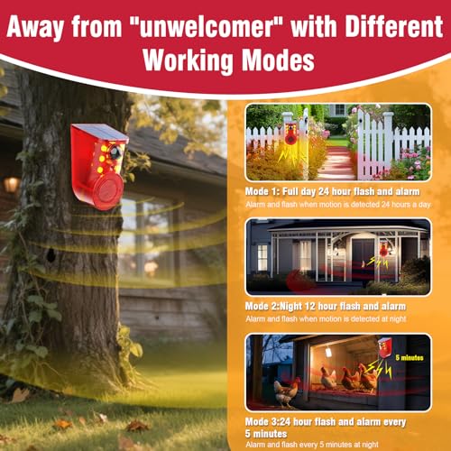 ChunHee Solar Outdoor Motion Sensor Alarm 3 Working Mode Motion Activated Alarm 120dB Loud Sound Noise Maker IP65 Waterproof Motion Detector with Strobe Light for Yard Farm Garden (4PC)