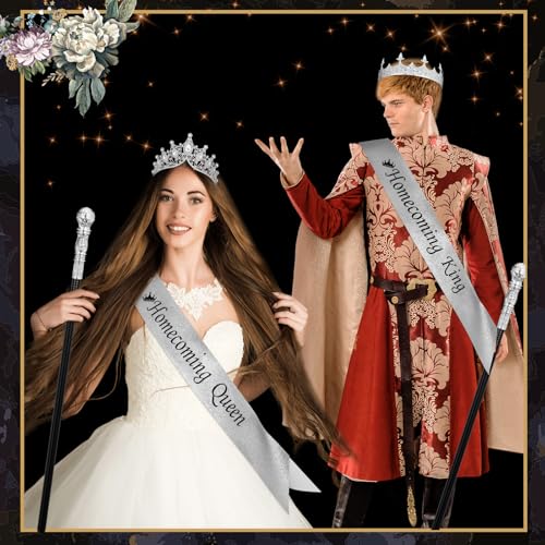 Ferreve 6 Pcs Homecoming King Queen Crown Glitter Sash Scepter Wand Homecoming Crystal Tiara Ribbon Costume Set for Party - color: Sliver