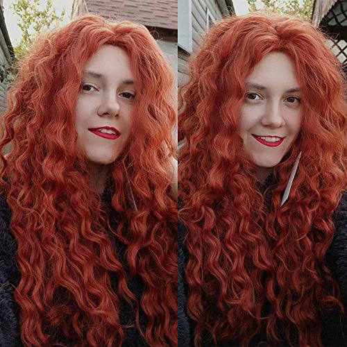 Long Ginger Red Curly Wig Merida Costume Fluffy Waves Free Part Hairline - color: Red