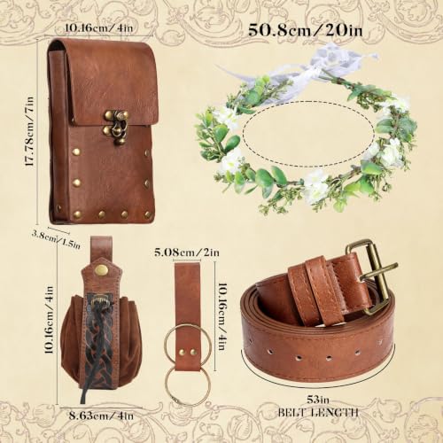 Renaissance Belt Pouch Set with Wreath - Renaissance Accessories with Pirate Belt Pouch for Halloween Cosplay & LARP - color: Brown-a
