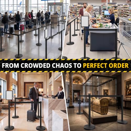 6-Pack Black Stainless Steel Crowd Control Stanchions, 9.8 ft Retractable Black Safety Belts with 1 Sign Holder(Black Belt) - color: Black stanchions w Black Belt, size: 6 pcs