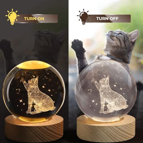Flexzion 3D Cat Crystal Ball Lamp, 3.15 inch (80mm), USB Night Light | Cat Lamp with Solid Beech Wood Base and Adjustable Brightness for Bedrooms, Nightstands, Desks, Shelves and Room Decor - size: 3.15 inch (80mm), style: Cat