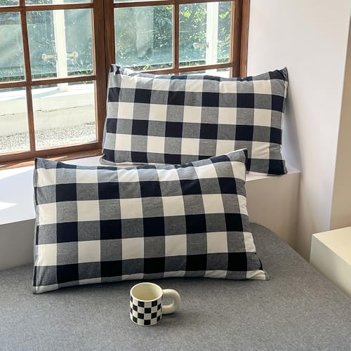 FACE TWO FACE Bedding Duvet Cover Set100% Washed Cotton Duvet Cover Linen Like Textured Breathable Durable Soft Comfy (Queen, Black and White Grid) - color: Black and White Grid, size: Queen