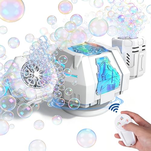Upgraded Mecha Style Bubble Machine, Rechargeable Type-C Powered Bubble Blower with Remote Control, 360° Automatic Rotation & RGB Lights, 35k+ Bubbles/Min, Bubbles for Kids, Parties, Weddings, Outdoor
