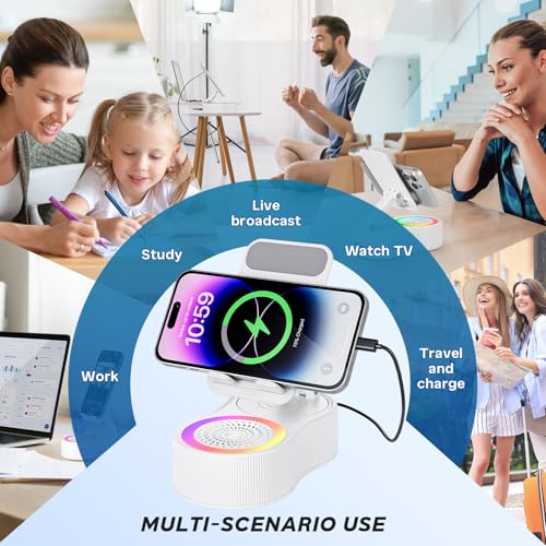 Cell Phone Stand with Bluetooth Speaker - Wireless Bluetooth Speaker with 360° Rotatable Phone Holder, Multifunctional Adjustable Stand with Charging Compatible with Tablet for Home Desk (White) - color: White