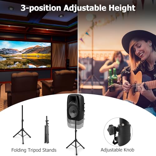 GOFLAME Portable 15" PA Speaker System Set, 1500W Powered 2-Way TWS Bluetooth DJ Party Speaker with Stand, Illuminating Light, USB/SD Card Reader, Microphone
