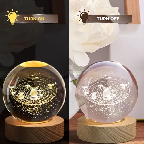 Flexzion 3D Solar System Crystal Ball Lamp, 3.15 inch, USB Night Light | Solar System Lamp with Solid Beech Wood Base and Adjustable Brightness for Bedrooms, Nightstands, Desks, Shelves Room Decor - size: 3.15 inch (80mm), style: Solar System