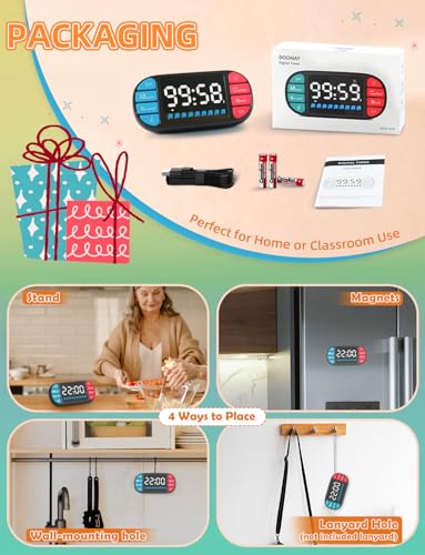 DOOMAY Magnetic Digital Kitchen Timer for Classroom Countdown | Visual Timer with 3.6" LED, 4 Sounds, 3 Brightness, Child Lock, USB-C or AAA for Home & Study - color: Black