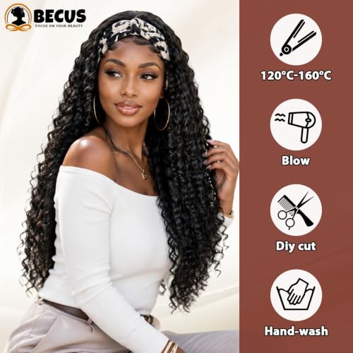 BECUS 30" Curly Headband Wig Glueless Half Wig for Black Women - color: A-Curly Black, size: 30 Inch