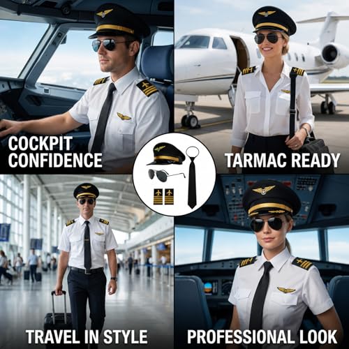 4PCS Pilot Costume Set, Pilot Hat and Aviation Accessories for Role Play, Complete Pilot Outfit with Sunglasses and Tie, Nylon Material for Comfortable Wear, Costume Party and Themed Events Black