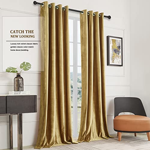BULBUL Velvet Gold Curtains 108 inch Length- Living Room Blackout Thermal Window Drapes Darkening Decor Grommet Curtains for Bedroom Set of 2 Panels | Bedroom Room Decor,Luxury Elegant Modern,Thermal Insulation,Window Drapes,Darkening,UV rays,Privacy,Set