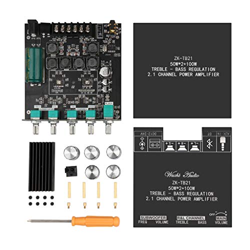 Bluetooth Audio Amplifier Board, ZK-TB21 2.1CH 50W x 2 +100W Subwoofer Amp | Power Amplifier with Treble and Bass Control, Bluetooth5.0 and AUX Inputs, Stereo Digital AMP for DIY Home Speakers - color: Black1 ZK-TB21