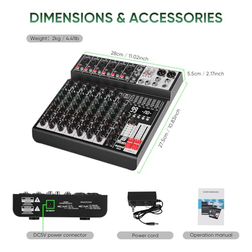 Audio Mixer 8 Channel Sound Mixer Console, Professional Music Mixing Board DJ Mixer w/ 99 DSP, 7-band EQ, USB, Bluetooth, 48V Phantom Power & PAD Function for Recording PA Live Streaming - size: 8 Channel