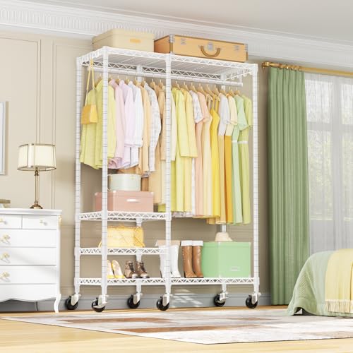 F4R Heavy Duty Clothes Rack(With Lockable Wheels ) Rolling Clothing Racks for Hanging Clothes,Adjustable Closet Organizer System,Portable Garment Rack 45"W x 15.8"D x 73.5"H,Max Load 650LBS,White - color: White, style: Rolling