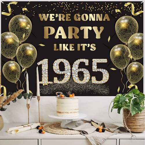 We’re Gonna Party Like It’s 1965 Birthday Banner Backdrop, Cheer to 61 Years Birthday Banner 61st Birthday Party Supplies for Men Women Photography Decorations Black and Gold Glitter Favors - size: 1965
