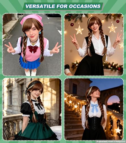 Brown Twin Ponytail Princess Wig, Long Braided Cosplay Wig Set | Adjustable cap included, synthetic brown braided wig for Halloween, parties, festivals, cosplay, and costume dress-up - color: Brown
