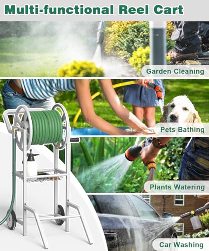 Hose Reel Cart with 2 Wheels, Garden Water Hose Holder Heavy Duty Powder Coated Steel Outdoor Winder Storage Holds 125 ft 5/8" Hoses with Basket and 3.9ft Leader Hose for Backyard, White - color: White