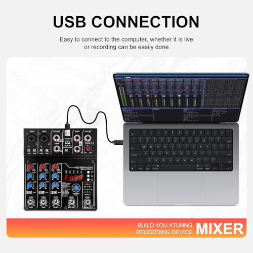 AD14 Professional Audio Mixer Sound Board Console System Interface 4 Channel Digital USB Bluetooth MP3 Computer Input 48V Phantom Power Stereo DJ Studio Streaming FX 100-bit DSP Processor