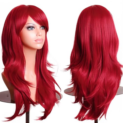 PORSMEER 70 cm/28 inches Charming Long Wavy Full Hair Wig Anime Cosplay Halloween Costume Party Heat Resistant Synthetic Wigs for Women Girls (Dark Red) - color: Dark Red