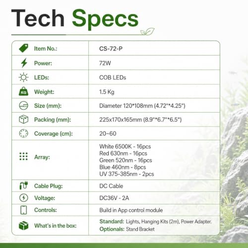 FZONE AXON 72W Aquarium Light WRGB Full Spectrum, APP Controlled LED Plant Light with Sunrise/Sunset, Freshwater Fish Tank Light for Planted Aquariums (Hanging Kit) - color: Green