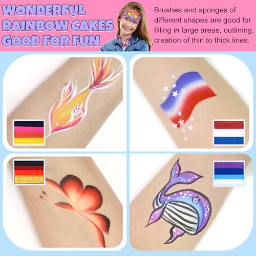 Drawdart Professional Face Painting Kit for Kids Adults, Rainbow Split Cake Face Paint Palette 12 x 10gm+ 4 Colors Pro Pressed Glitter Eyeshadow Palette, with Brushes Sponges Gems Stencils - color: Faerie