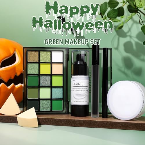 UCANBE Halloween Makeup Kit – 15-Color Green Eyeshadow Palette, White Liquid Foundation, Black Liquid Lipstick & Eyeliner, Setting Powder & Sponges Makeup Set for SFX Cosplay Costume Witch Monster - color: Green Makeup Kit
