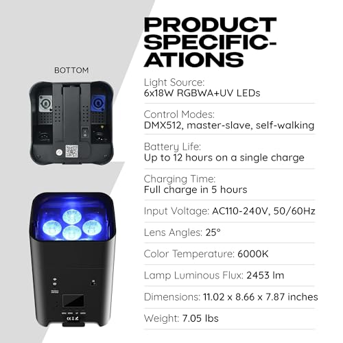 SurgeFX Wireless PRISM6 Battery Powered Uplights - 6x18W RGBWA+UV LED Par, App Control Rechargeable Stage Lighting for Weddings, Events & DJs - 12hr Wall Washer with Professional Amber & UV Blacklight