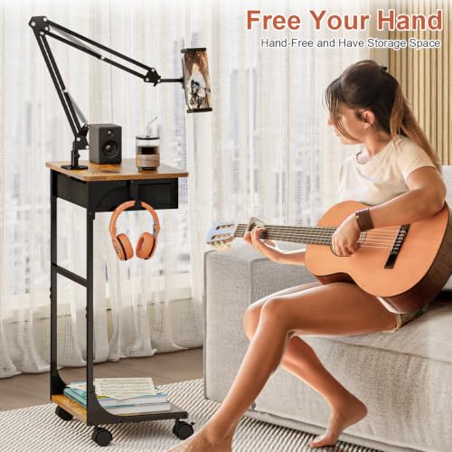 Floor Kindle Phone Tablet Stand with Drawer & Storage Shelves, Angle Height Adjustable Tablet Kindle Cell Phone Holder For Bed with Rotating Wheels, Compatible With 4.7"-13" Tablet iPone iPad Air Pro - size: 11.4"D x 15.4"W x 57.6"H
