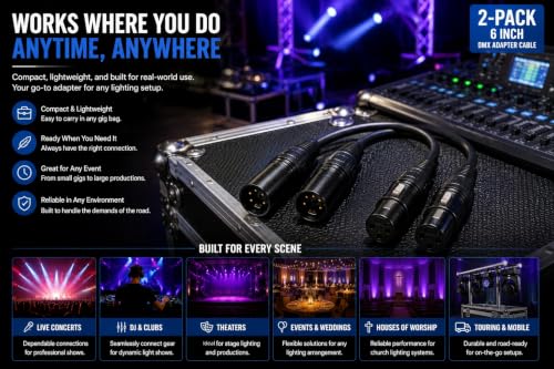 2-Pack DMX Adapter 5 Pin to 3 Pin, 6 Inch XLR Male to Female Cable with Gold-Plated Connectors for Stage Lights, Moving Heads, LED Pars and DJ Lighting Controllers