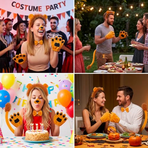 6-Piece Lion King Costume Accessories,Lion Costume Set, Lion Costume Cosplay, Lion Ears Headband with Nose Tail Gloves Bow Tie, Jungle Themed Party Supplies for Halloween Events and Performances