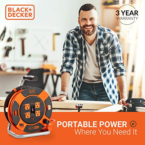 BLACK+DECKER 50 Ft. Retractable Extension Cord Reel, 4 Outlets | 14 AWG SJTW cable, easy handle rewind, multi-plug design, heavy-duty build - size: 50-Feet