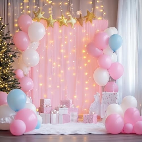 Tulle Backdrop Curtains with Lights Pink 10x10ft Sheer Curtain Backdrop - color: Pink, size: 10FT X 10FT(2 Panels 5ft X 10ft)