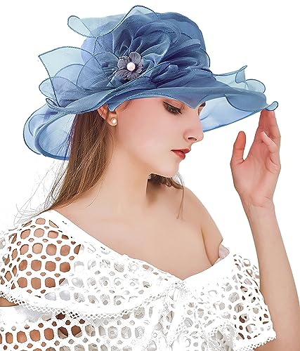 Women Derby Fascinator Hat Organza Church Wedding Hats Wide Brim Cocktail Tea Party Hat - color: 07 Navy Blue