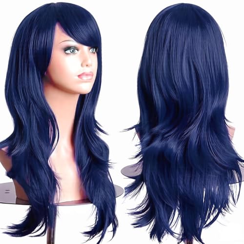 PORSMEER Navy Blue Womens 26inch 70cm Long Wavy Hair Party Movie Cosplay Costume Halloween Wig - color: Navy Blue
