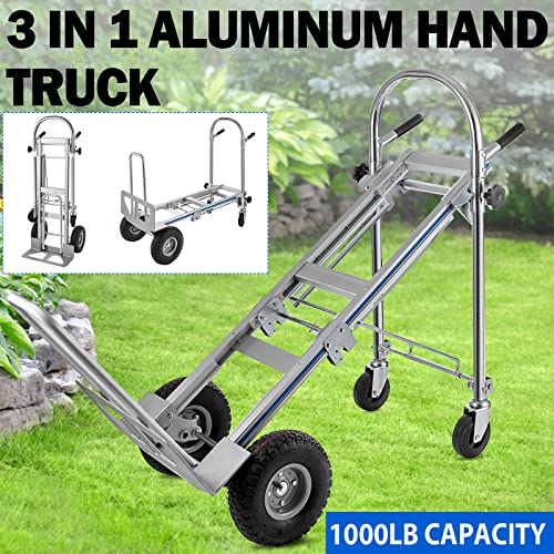 TOPDEEP 3in1 Aluminum Hand Truck,Convertible Hand Truck Dolly Large Size 1000 lb Capacity, Utility Cart Converts from Hand Truck to Platform Cart with 10" Hi Tech Rubber Wheels